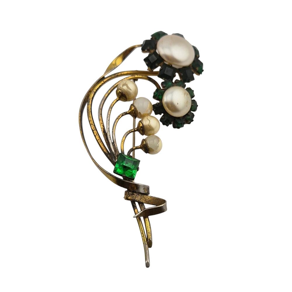 Vintage Sterling Pearl Green Rhinestone Floral Spray Brooch Pin